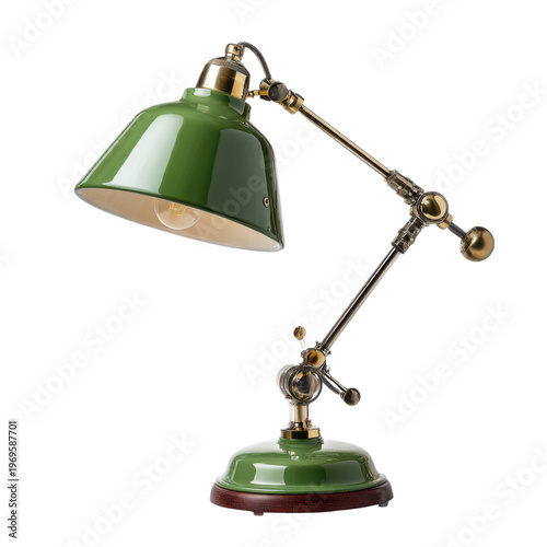 Vintage green metal desk lamp, adjustable articulated task light, retro industrial home office lighting decor PNG isolated on Transparent Background