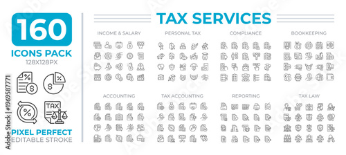 Taxes services line icons set collection. Income and salary control. Financial reports. Accounting mega pack of linear pictograms, pixel perfect. Isolated vector illustrations. Editable stroke