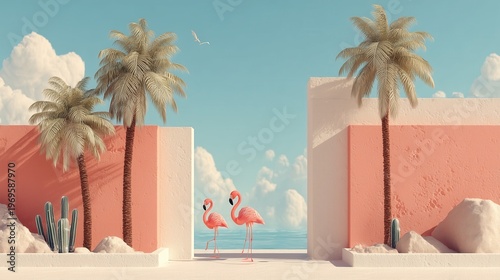 Flamingos walk near palm trees and a beach under a blue sky