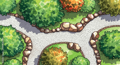 Top-Down View of a Hand-Drawn Landscape Design with Gravel Paths and Green Shrubs