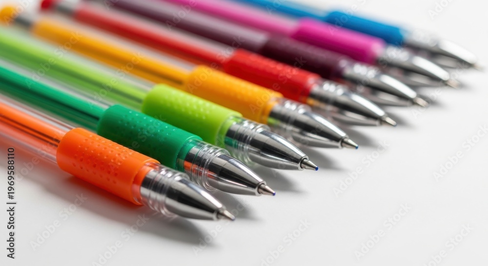 Fototapeta premium A collection of colorful ballpoint pens arranged in a row isolated on white background