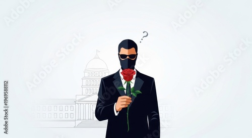 Masked Man Holding Red Rose With Question Mark Poses Mystery Before Government Building
