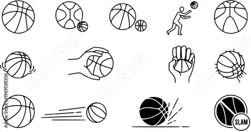 Basketball Sports Line Art Icons Set - Player Dribbling, Shooting, and Slam Dunking Vector Illustrations