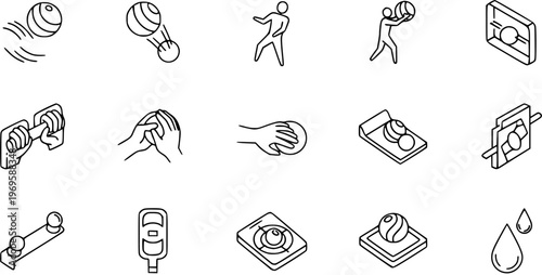 Isometric and Outline Black  White Line Art Vector Icons Set for Bowling Sport, Game, Equipment, Player Actions, and Maintenance
