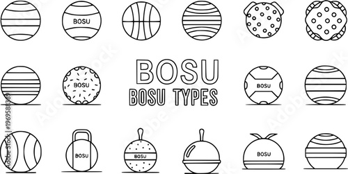 Black and White Line Art Icons of BOSU Ball Types and Equipment for Fitness and Sports