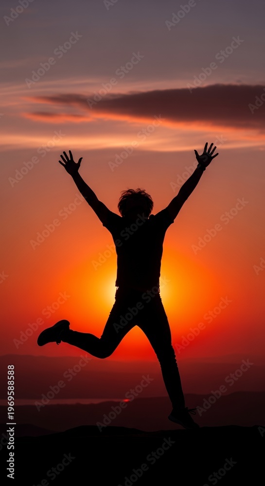 Fototapeta premium Silhouette of a person jumping happily.
