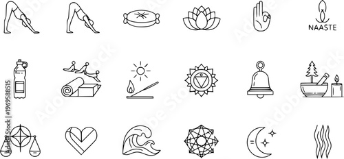Yoga, Wellness, and Spirituality Line Art Icons. Outline Symbols for Meditation, Mindfulness, Ayurveda, and Healthy Lifestyle Elements.