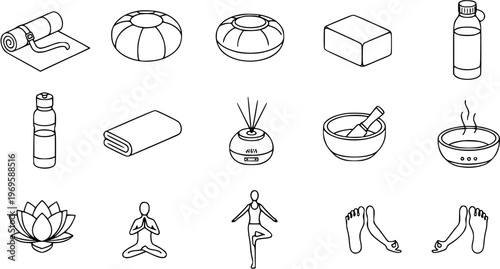 Yoga Spa Wellness Black  White Line Art Icons Set - Meditation, Relaxation, Equipment, Poses  Essentials