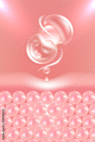 Hyaluronic acid and Niacinamide hair and skin solutions ad, pink collagen serum drops into skin cell with cosmetic advertising background ready to use, illustration vector.	