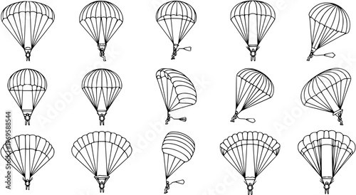 Various Parachute Black and White Line Art Vector Set for Skydiving and Adventure Sports. Aerial Safety Equipment Outline Icons Collection.