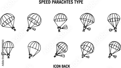 Black and White Line Art Icons Set of Speed Parachutes for Skydiving and Adventure Sports