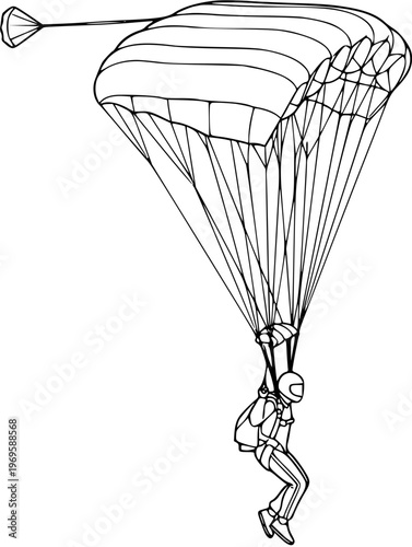 Dynamic Skydiver with Parachute in Adventure Sports - Black and White Line Art Vector Illustration