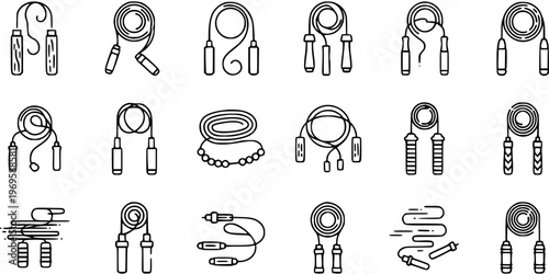 Black and White Line Art Icons of Various Jump Ropes for Fitness and Exercise