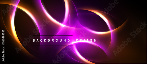 Abstract neon swirls, vibrant purple, orange hues. Dynamic flowing lines create modern background design. Dark space emphasizes luminosity.