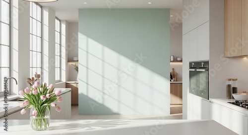 Modern light kitchen interior with a partition wall and flowers with living space with real estate with breakfast bar