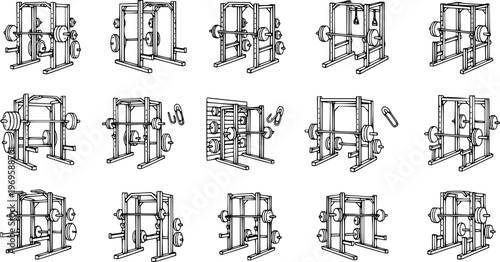 Fitness  Bodybuilding Gym Equipment Vector Line Art Icons. Collection of Power Racks, Squat Racks, Smith Machines for Weight Training Workouts.
