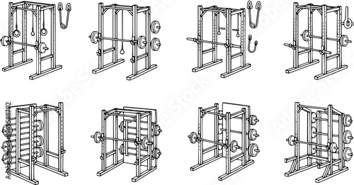 Fitness Gym Weightlifting Power Rack and Squat Rack Equipment Black and White Line Art Vector Set