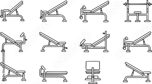 Fitness Gym Equipment Benches and Barbell Rack Vector Line Art Icons Set - Black and White Outline Illustrations