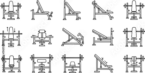Fitness Gym Equipment Line Art Icons: Vector Set of Weight Benches, including Flat, Incline, Decline, and Adjustable Bench Press Machines for Workout and Bodybuilding