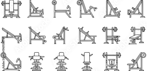 Fitness Gym Equipment Line Art Icons Set. Black and White Outline Glyphs of Weightlifting Benches, Barbell Racks, and Exercise Machines for Workout Training.