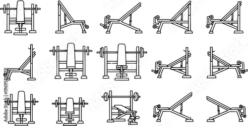 Black and White Line Art Collection of Weight Training Benches, Gym Equipment Icons