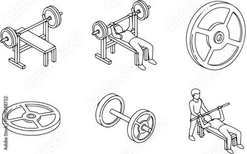 Fitness Gym Weightlifting Equipment Isometric Black and White Line Art Icons Set. Barbell, Dumbbell, Bench Press Workout and Spotter Collection.