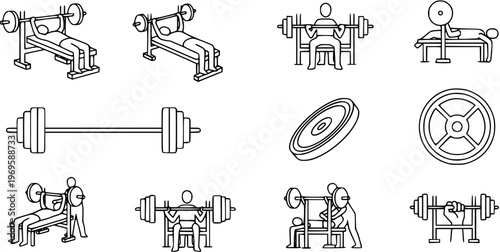 Black and White Line Art Icons of Weightlifting Gym Equipment and Exercise Workouts for Fitness Training Programs