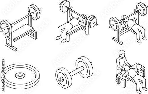 Fitness Gym Workout Isometric Line Art Set with Bench Press, Barbell, Dumbbell, Weightlifting and Spotter Icons