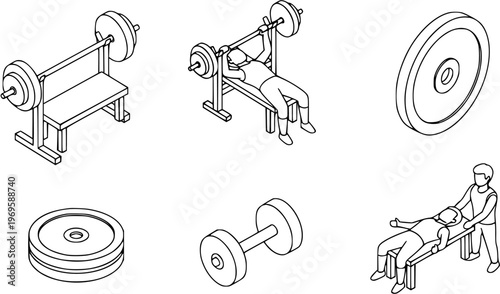 Fitness and Gym Strength Training Isometric Line Art Set. Black and White Outline Icons of Weightlifting Equipment, Barbell, Dumbbell, and Bench Press Workouts.