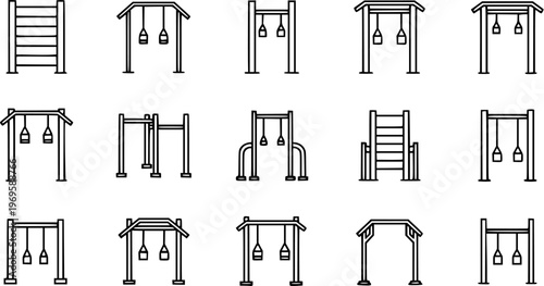 Outdoor fitness equipment vector icons: Pull-up bars, monkey bars, and dip stations in black and white line art style.