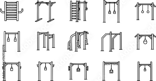 Fitness Calisthenics Equipment Outline Icons. Gym Workout Exercise Pull Up Bar, Dip Station, Gymnastic Rings, and Monkey Bars Line Art Set.