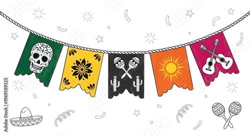 Colorful mexican banner with flags and festive decorations isolated on white background