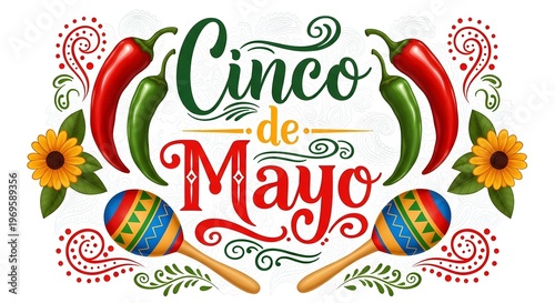 Vibrant cinco de mayo celebration graphic with chili peppers and maracas isolated on white background