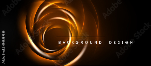 Abstract orange swirls, dynamic lines create glowing effect. Dark background emphasizes bright energy, modern design element.