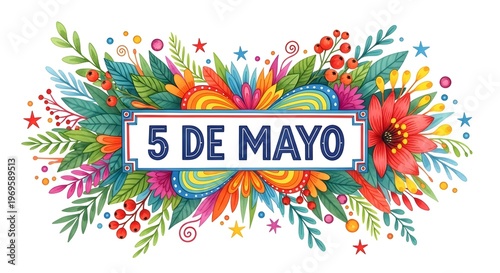 Vibrant cinco de mayo celebration graphic with floral design isolated on white background