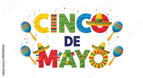 Cinco de mayo celebration graphic with colorful letters and sombreros isolated on white background