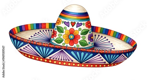 Colorful sombrero with floral patterns isolated on white background