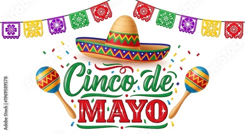 Cinco de mayo celebration with sombrero and maracas isolated on white background