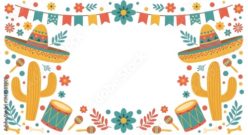 Vibrant mexican fiesta border with sombreros and cacti isolated on white background