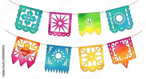 Vibrant papel picado banner with colorful cutout flags on white background