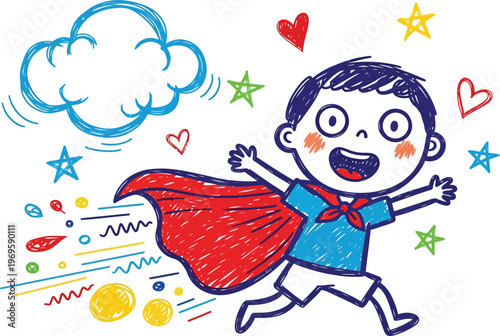 Hand drawn superhero boy vector illustration, happy child in red cape running with stars and hearts, playful crayon doodle sketch for kids