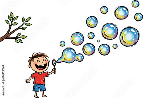 Happy young boy blowing soap bubbles in the park, cheerful child playing outdoors with bubble wand, colorful iridescent bubbles vector illustration