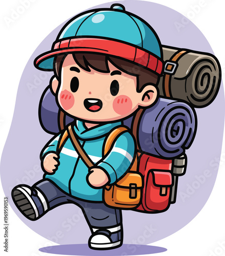 Cute cartoon boy hiker with large backpack, little traveler character walking with camping gear, young scout adventurer vector illustration