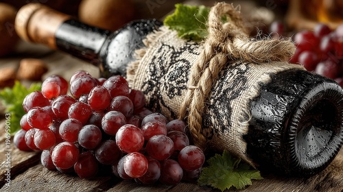 Wine bottle with grapes on wooden table in cozy setting