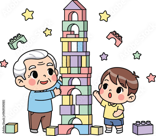 Grandfather and grandson building toy block tower, senior man and child playing with colorful wooden bricks, intergenerational family bonding vector