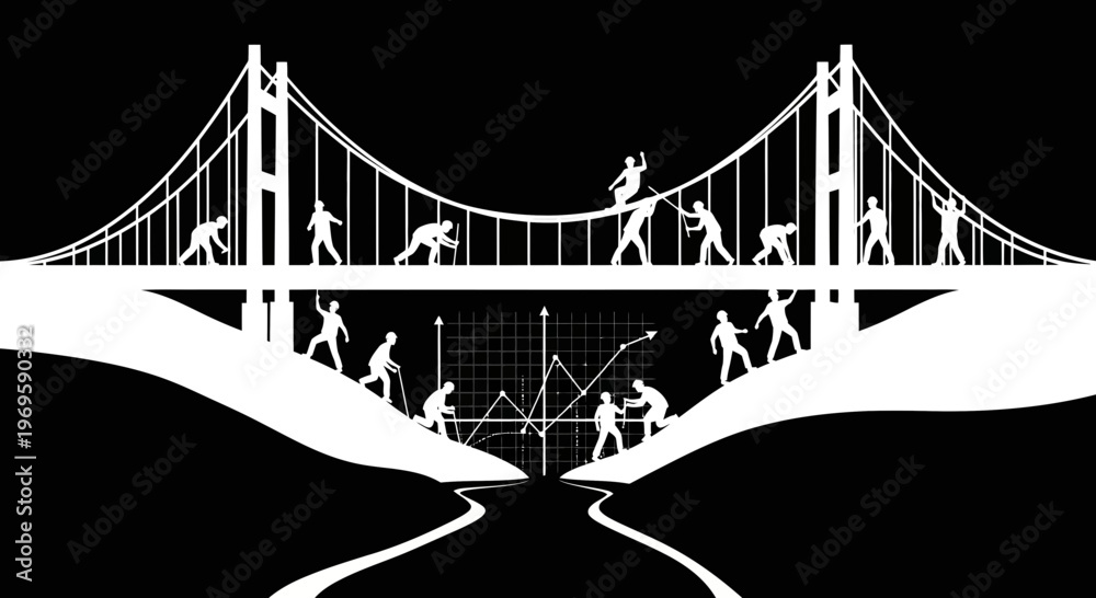 Fototapeta premium People exercising on suspension bridge.