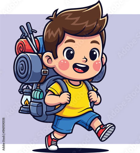 Cartoon boy hiker with backpack and camping gear, cute young traveler character, little scout walking with trekking equipment vector illustration