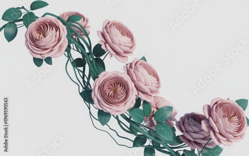 Elegant floral garland with roses and green leaves intertwined gracefully