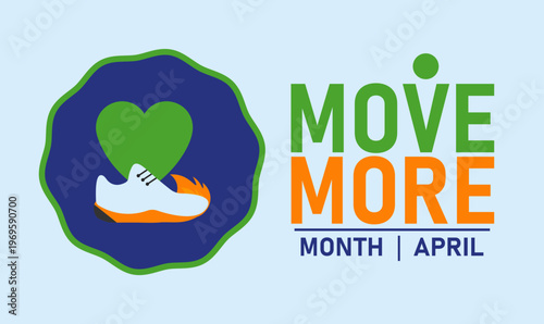 Move more month april with sneaker and heart icon with running shoe green heart