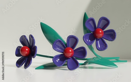 Vibrant ceramic flowers with blue petals and red centers on a textured background